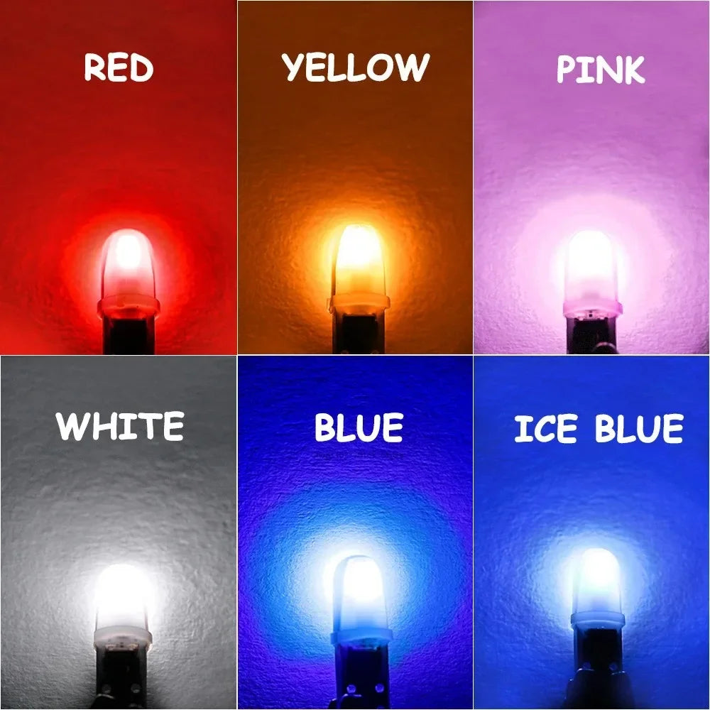 A grid showing various colored T5 wedge LED bulbs including red, yellow, pink, white, blue, and ice blue.
