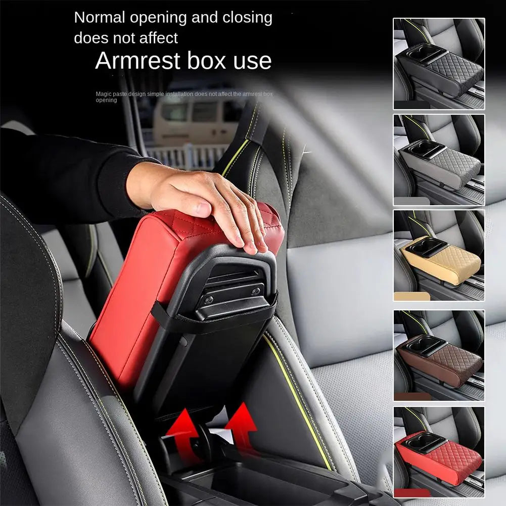 A hand is operating the opening and closing mechanism of a red car armrest cushion in a vehicle interior.