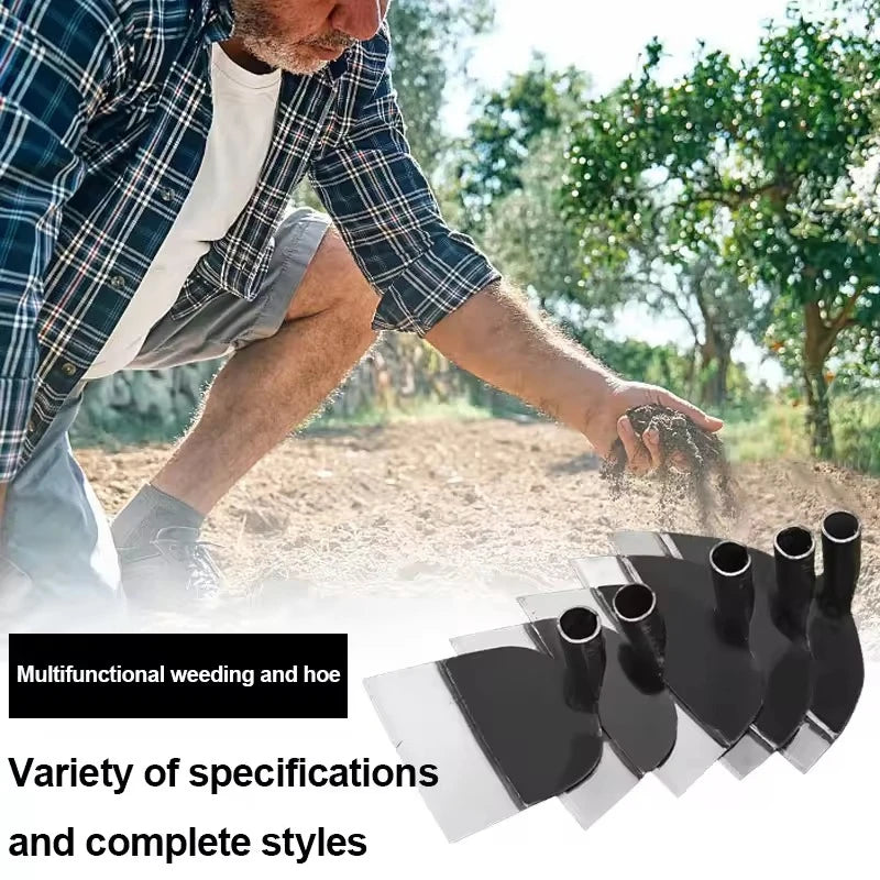A person is using a multifunctional weeding and hoe tool made of manganese steel in a garden setting.