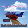 A hand holds a red foam plane catapult launcher with a blue plane, set against a cloudy sky.