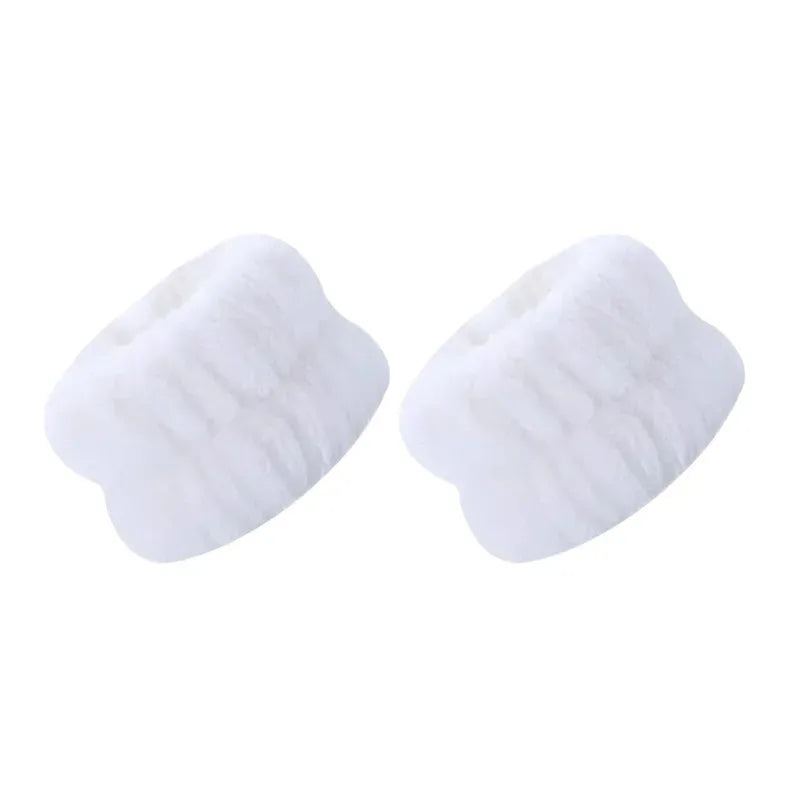 A pair of white absorbent microfiber wrist washing bands or face-saving cuffs.