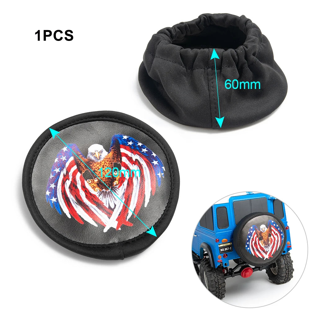 A black fabric item with an American flag design and a 60mm measurement, shown next to an RC vehicle.
