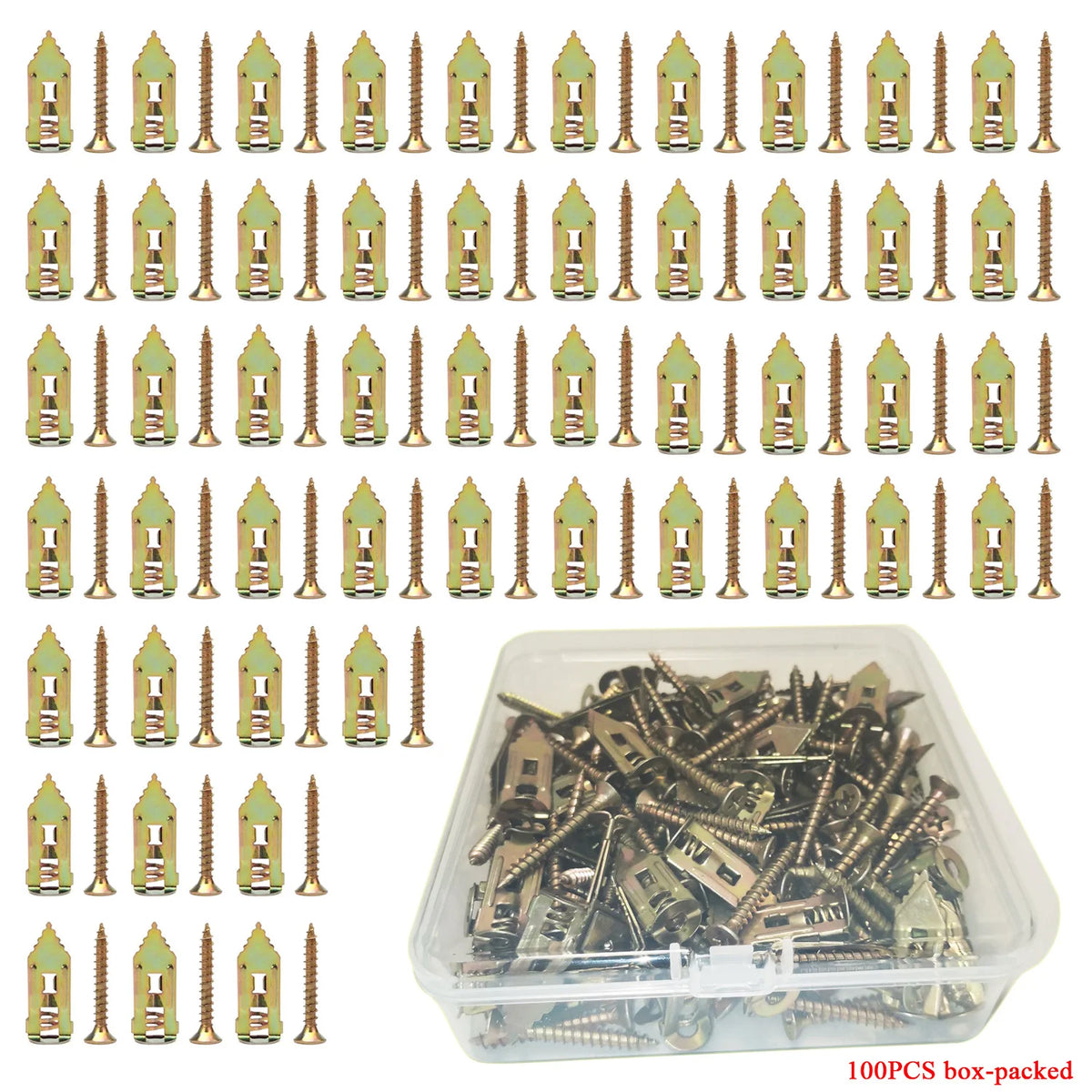 A set of self-drilling drywall anchors and screws packaged in a clear plastic container.