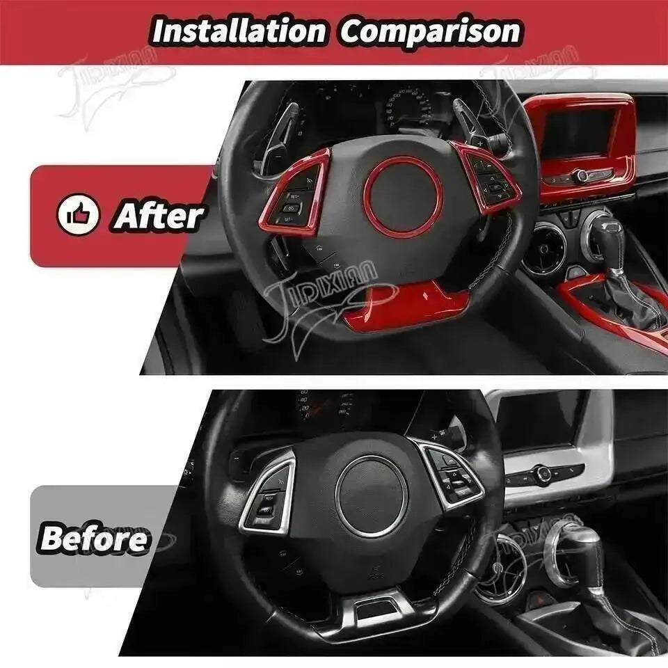 Installation comparison showing before and after views of a red interior trim kit for a Chevrolet Camaro.