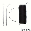 A set of four nylon hair weaving threads and a needle for extensions and wigs.