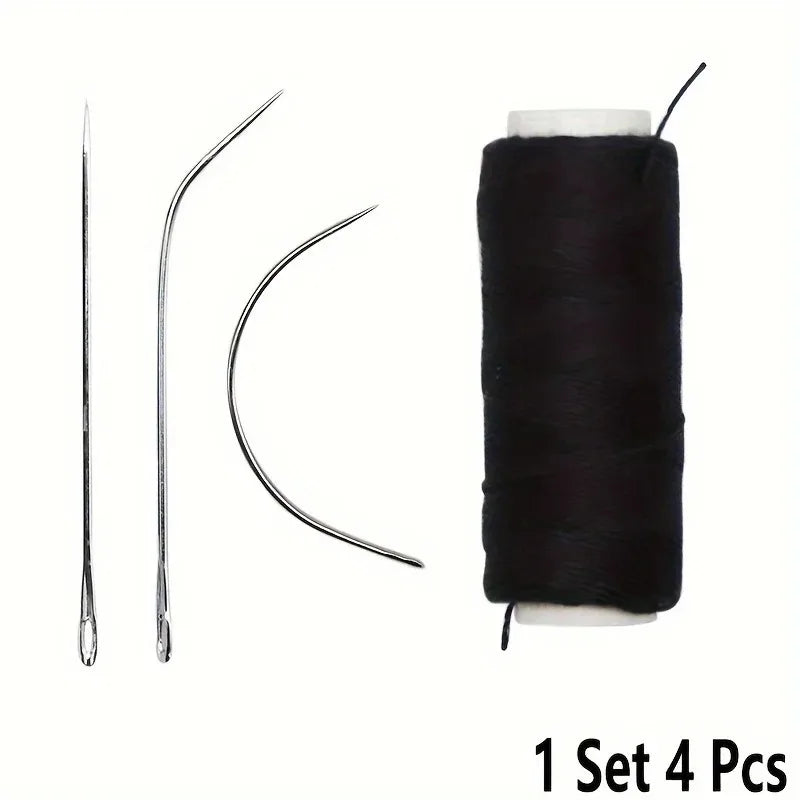 A set of four nylon hair weaving threads and a needle for extensions and wigs.
