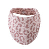 A pink leopard print organic cotton muslin baby bib with an absorbent band.