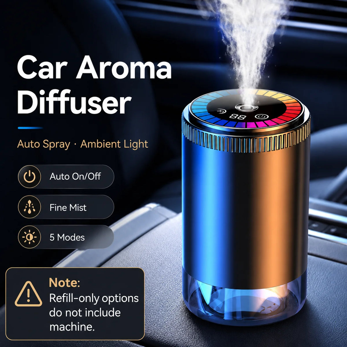 A blue and orange car aroma diffuser with an ambient light feature resting on a car interior surface.