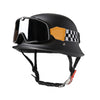 Black lightweight half helmet with an orange and black checkered strap and integrated goggles