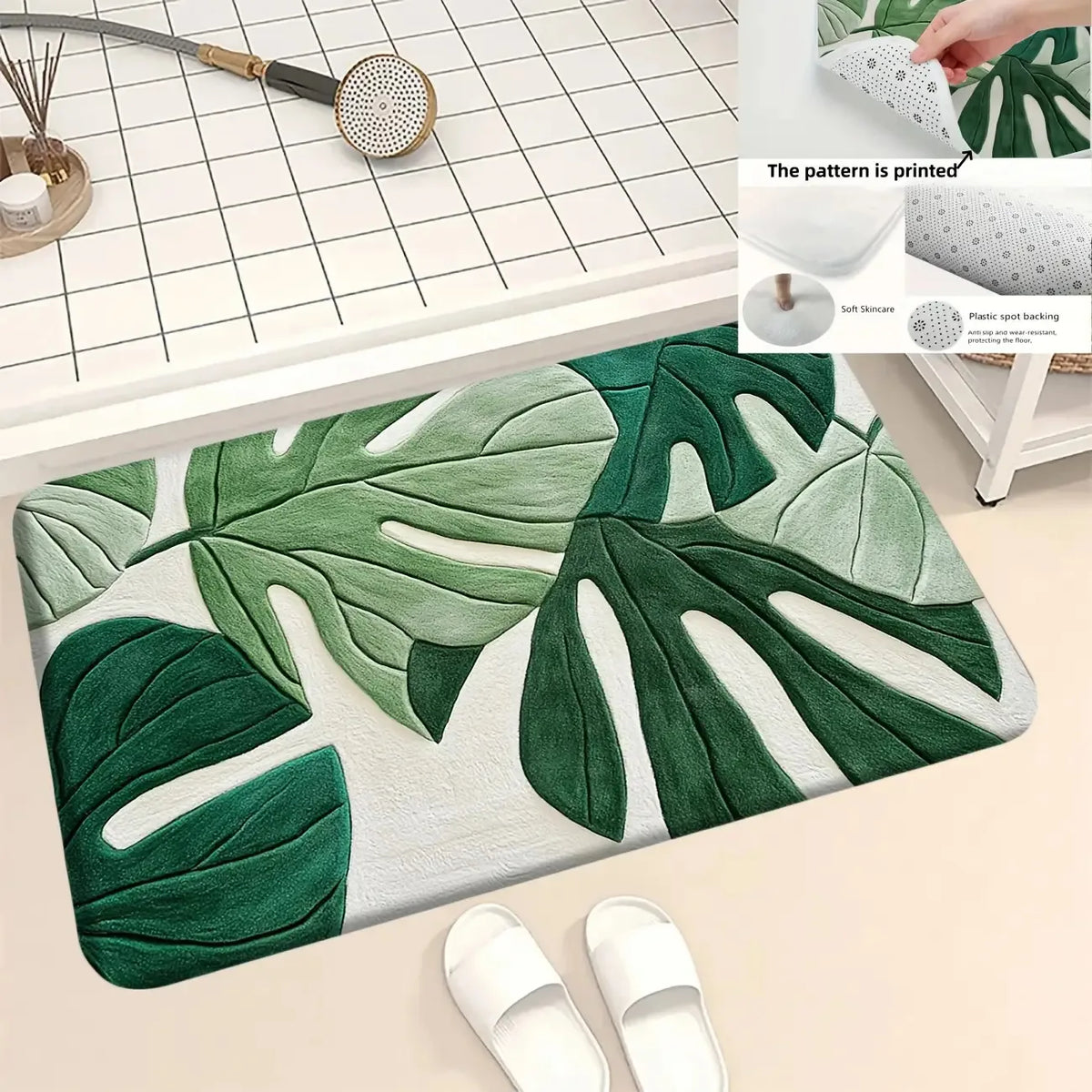 A rectangular non-slip area rug featuring a tropical green leaf print on a white background.