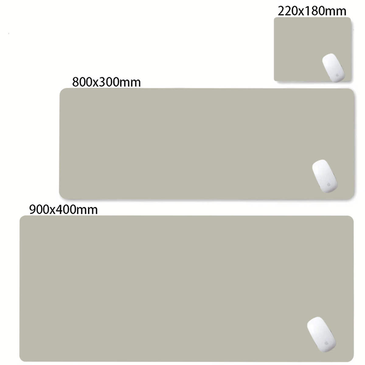 A set of oversized non-slip desk mats in various sizes, featuring a white mousepad on each.