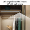 A wide-angle sensor light illuminates a closet or hallway, demonstrating ultra-long distance sensing.