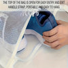 A hand is opening the top of a blue shoe bag made of mesh fabric for easy entry and exit.
