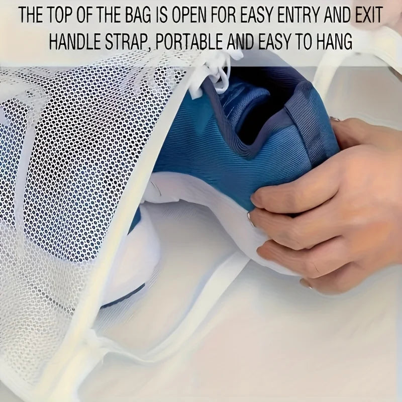 A hand is opening the top of a blue shoe bag made of mesh fabric for easy entry and exit.