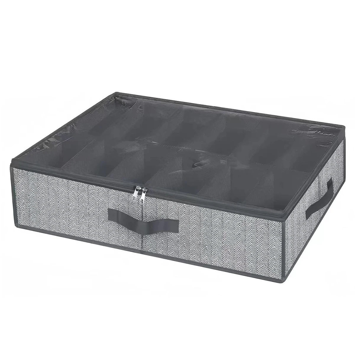 Under-bed shoe storage organizer with a clear window and mesh fabric for storing shoes.