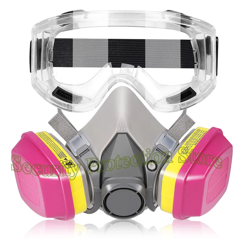 A clear full-face respirator mask with a gray and black striped filter and pink and yellow protective housing.