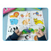 A set of wooden puzzle cards featuring various animal and fruit illustrations for a toddler matching game.