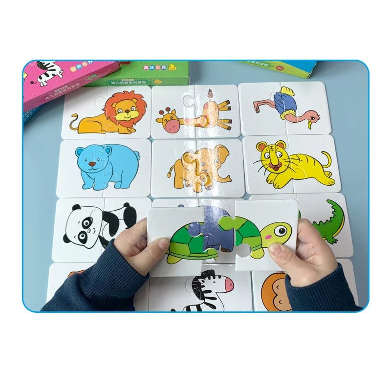 A set of wooden puzzle cards featuring various animal and fruit illustrations for a toddler matching game.