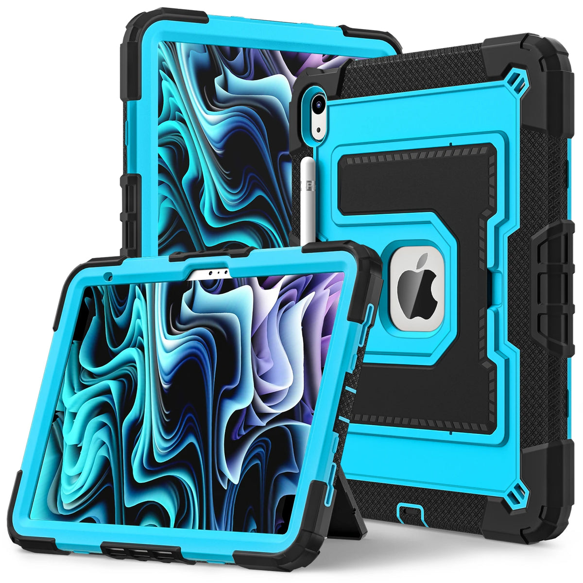 Two blue and black protective cases for iPads are shown side by side.
