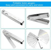 Foldable stainless steel feeler gauges showing various thicknesses and gauges.