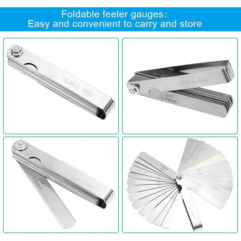Foldable stainless steel feeler gauges showing various thicknesses and gauges.