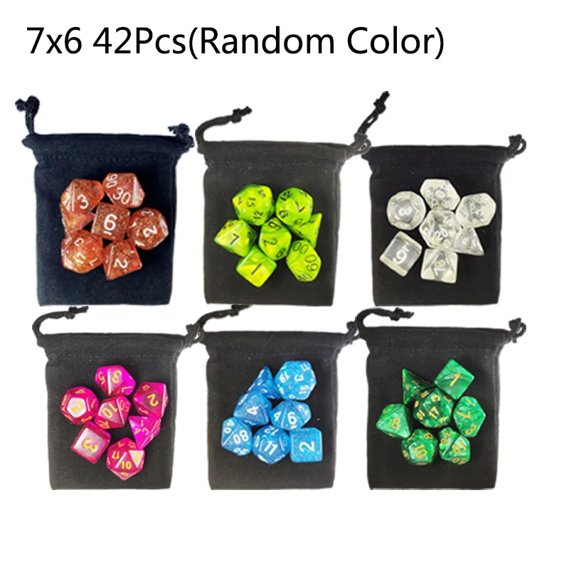 A set of 7 random colored polyhedral dice stored in individual black fabric bags.