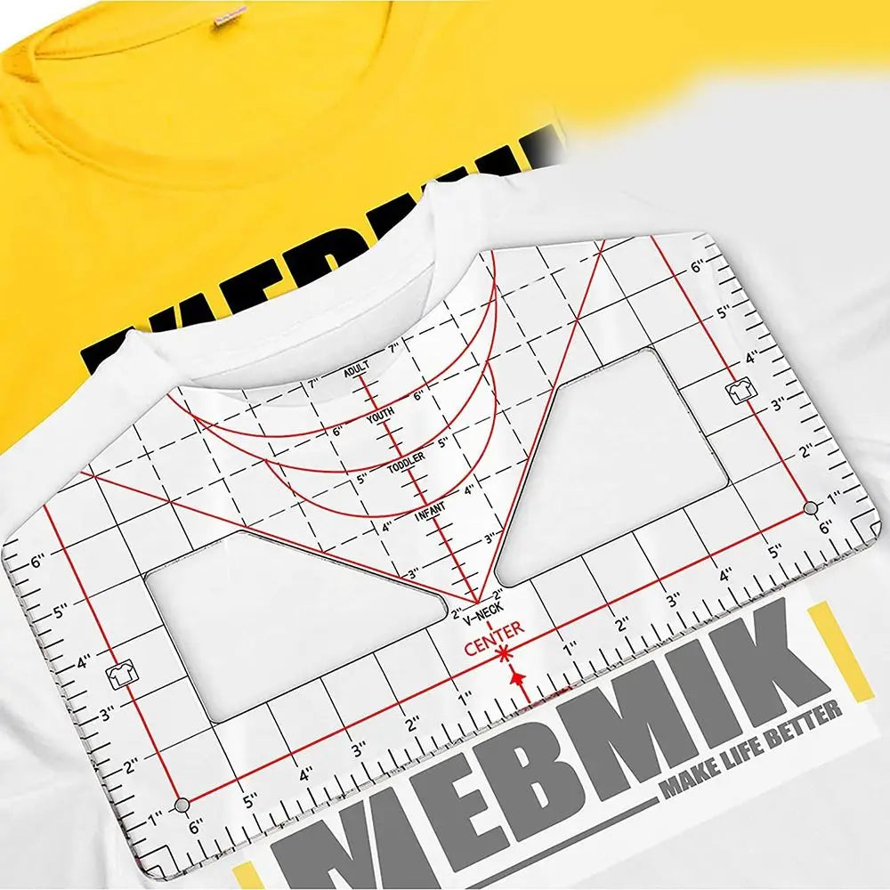 A white alignment ruler with red markings is shown on a yellow t-shirt, used for vinyl heat press alignment.