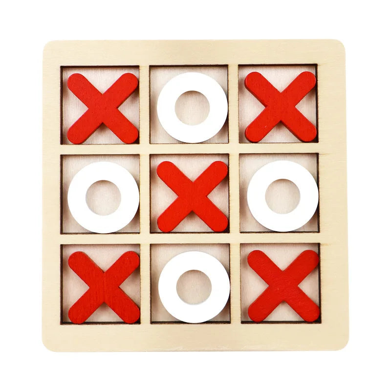 A wooden tic tac toe game set with red and white 'X' marks arranged in a grid.