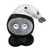 A plush robot resembling a seal or sea creature with gray and black fur and large, reflective eyes.