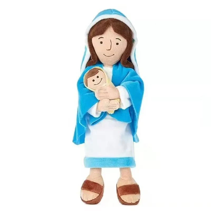 A plush doll representing a praying angel with dark hair, wearing a blue robe and white dress.