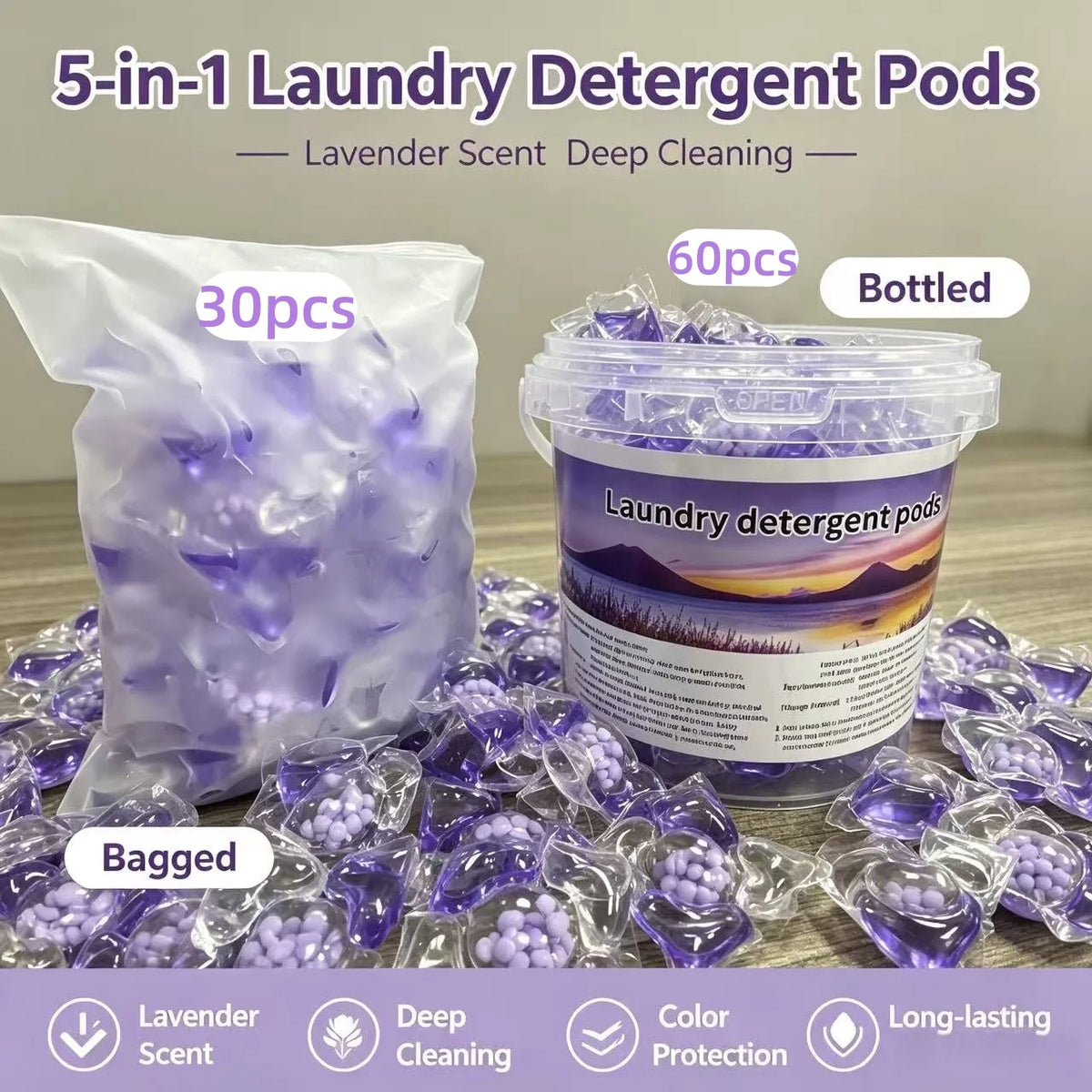 Lavender Scented Laundry Detergent Pods – 5-in-1 Deep Clean & Softener