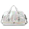 A silver iridescent travel duffel bag with light pink trim and handles.