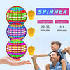 A colorful LED spinner toy is shown in various stages, demonstrating its charging and flying time.