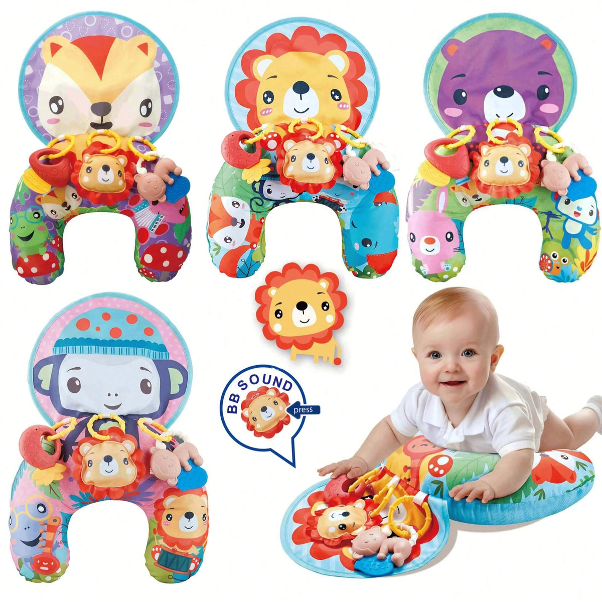 A set of baby tummy time pillow play mats with lion and bear rattle toys for infants.