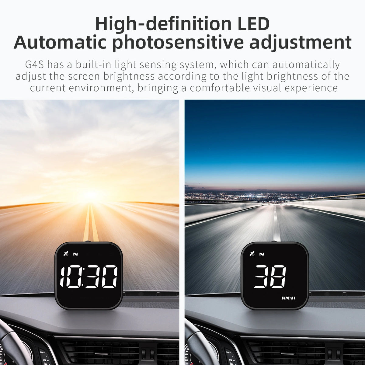 A GPS head-up display showing time, speed, and navigation on a car dashboard.