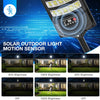 A solar outdoor light with a motion sensor is shown, demonstrating various brightness levels and operation modes.