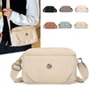 A beige nylon crossbody bag is shown in various colors and angles, including a person carrying one.