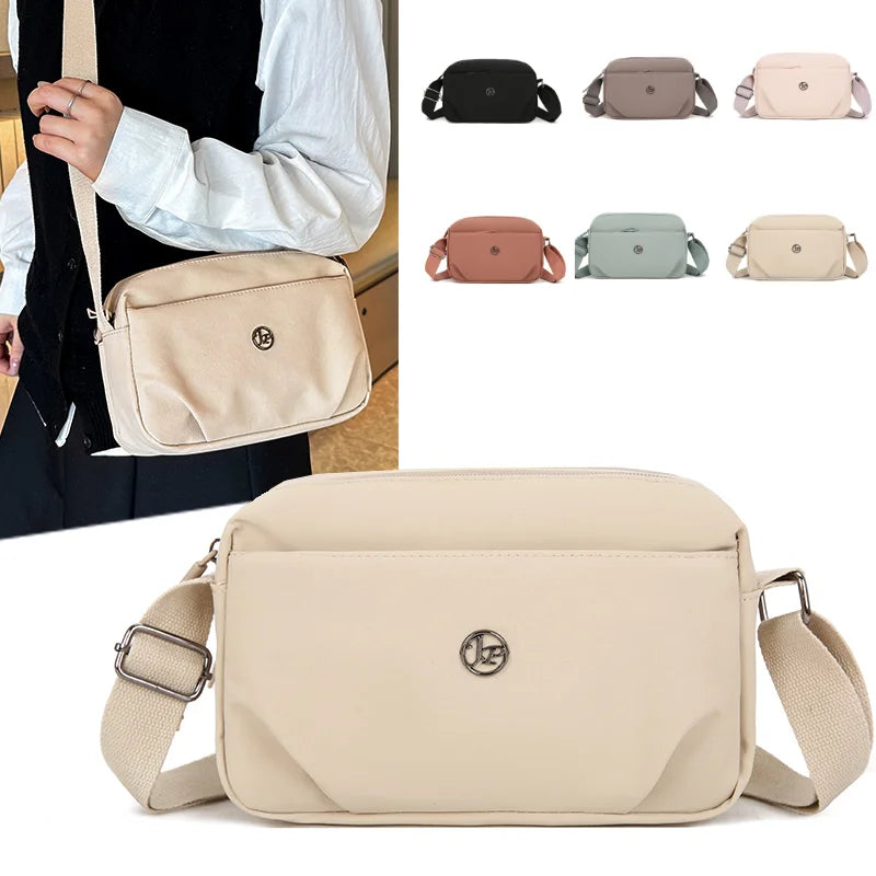 A beige nylon crossbody bag is shown in various colors and angles, including a person carrying one.