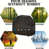 A black waterproof barbecue grill cover shown in four seasonal contexts: spring, summer, autumn, and winter.
