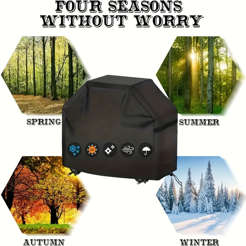 A black waterproof barbecue grill cover shown in four seasonal contexts: spring, summer, autumn, and winter.