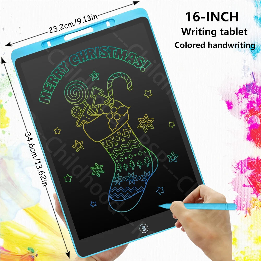 A hand holds a 16-inch blue LCD writing tablet displaying a Christmas stocking drawing on a black screen.