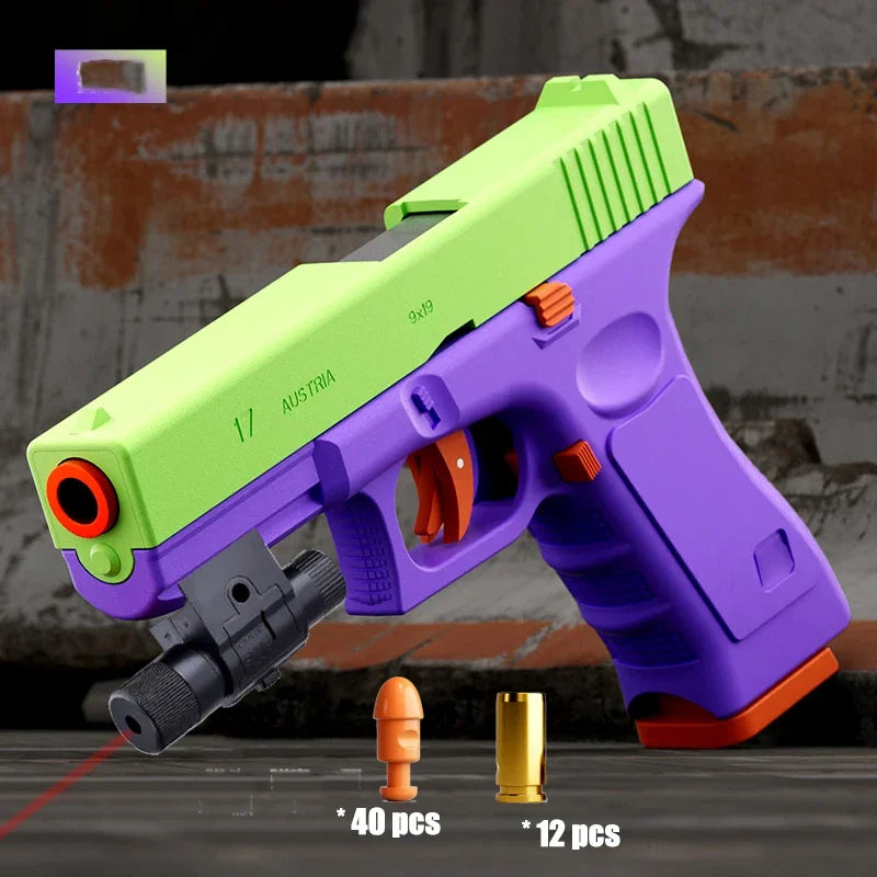 A purple and lime green toy pistol is shown with spent shells, featuring orange and gold projectiles.