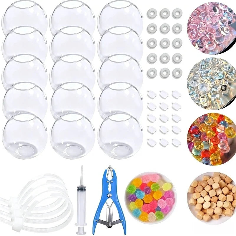A kit of clear glass squeeze balls and silicone balls for DIY stress relief and relaxation.