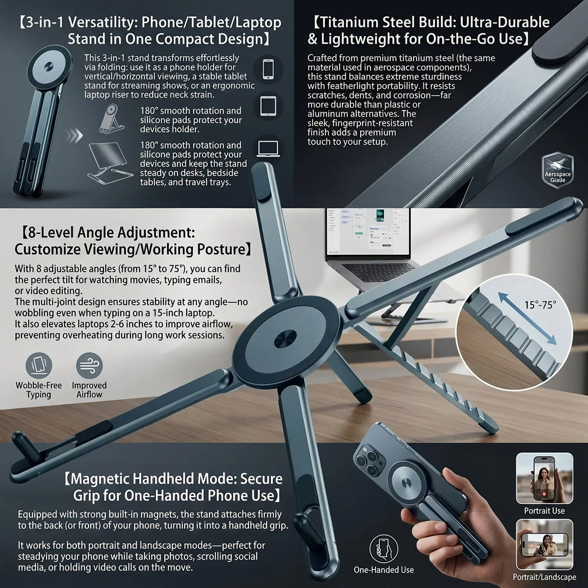 A 3-in-1 magnetic tablet stand with foldable alloy design shown in various angles for viewing and working.