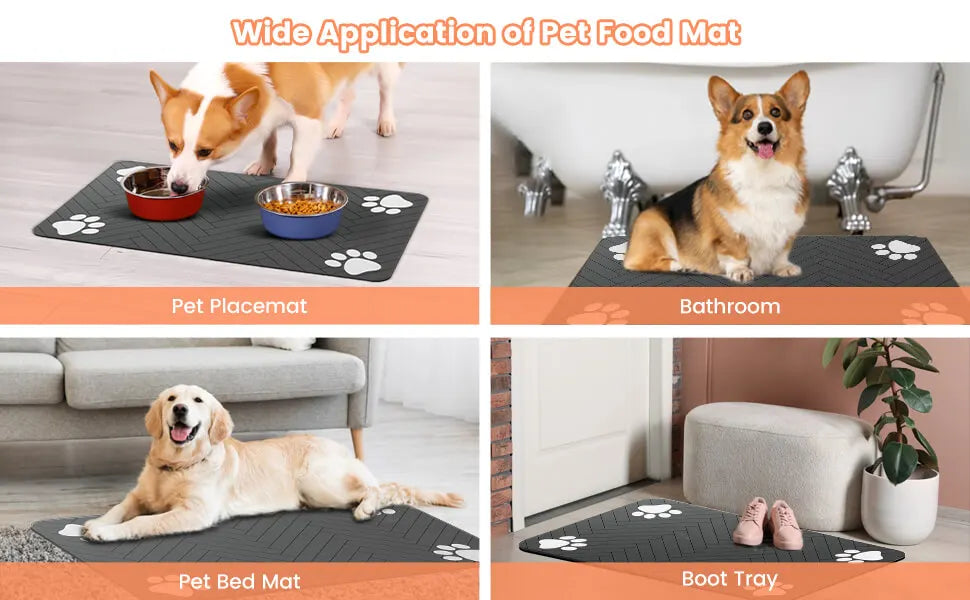 Various pet mats and accessories including a feeding mat, bathroom mat, pet bed mat, and boot tray for pets.