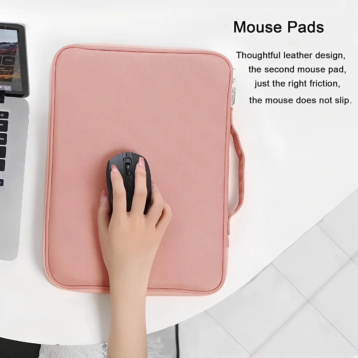 A pink padded laptop sleeve bag is shown with a mouse resting on it, demonstrating its use as a mouse pad.
