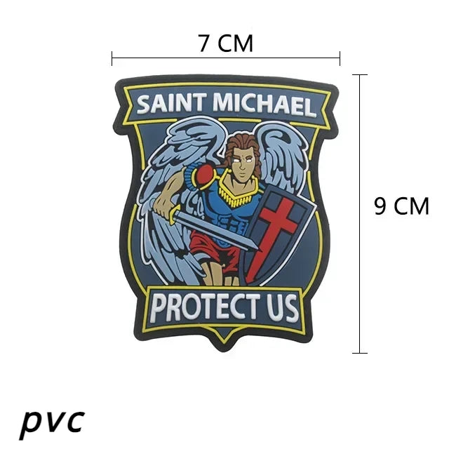 A dark blue St. Michael angel patch featuring a warrior figure and the text Protect Us