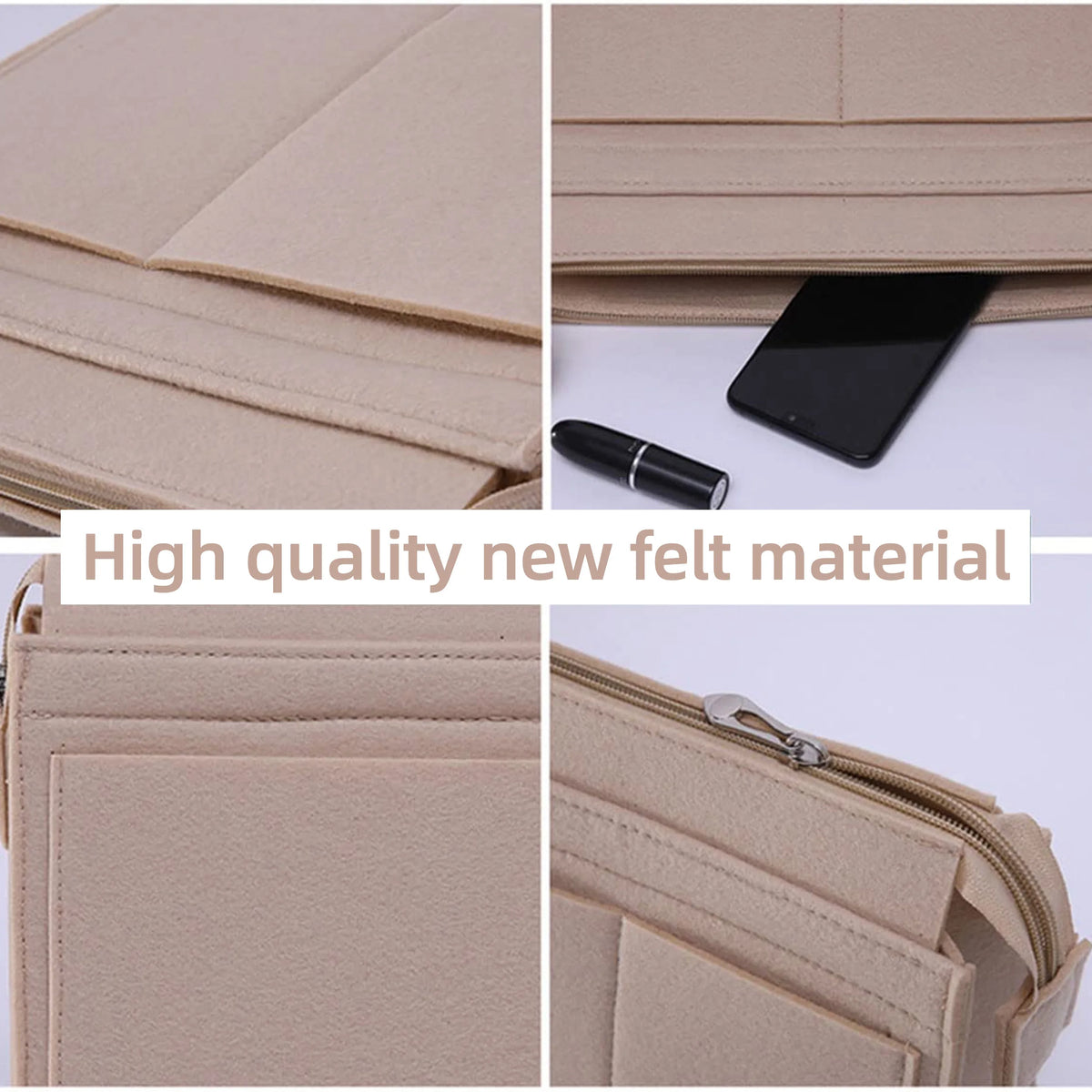 Close-up view of a light beige felt multi-pocket purse organizer insert and fabric material.