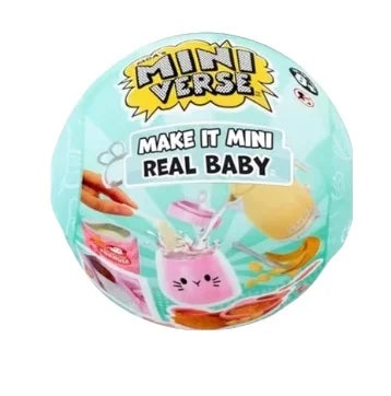 A Miniverse Real Baby mini doll DIY kit featuring a baby doll and miniature food accessories.