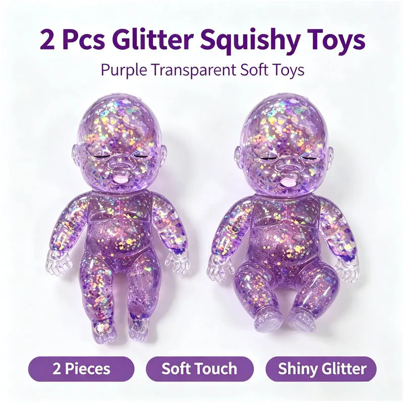 Two purple transparent squishy toys with glitter finish shown side by side